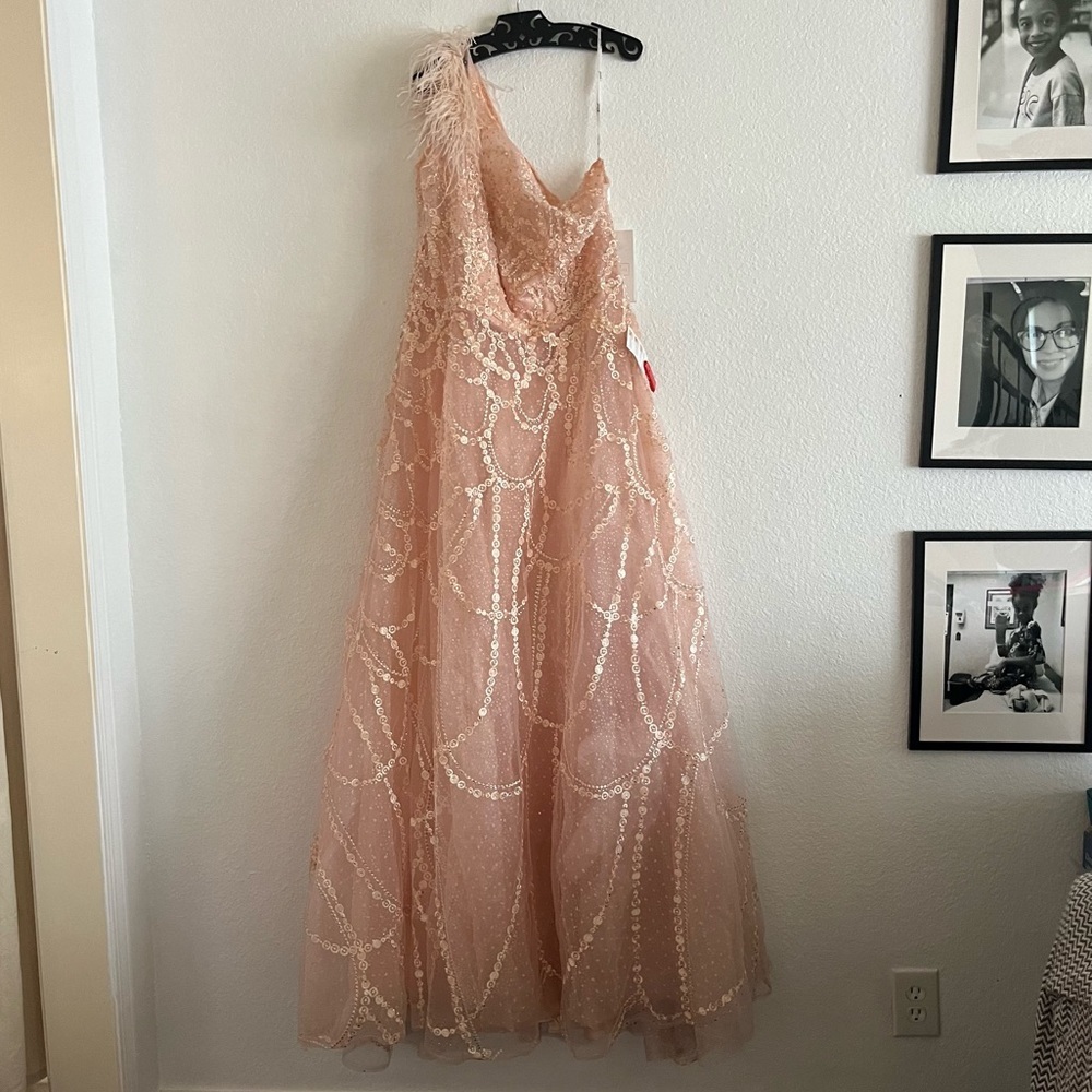 Mac Duggal Feather One‎ Shoulder A Line Peach Evening Gown Dress 20389 - Picture 4 of 8